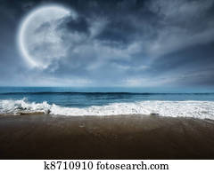 fantasia, cena praia, com, grande, lua