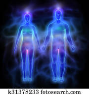Human energy body (aura) with chakras - woman and man Human energy body (aura) with chakras - woman and man