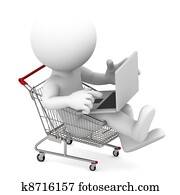 Man with laptop inside shopping cart. Online shopping concept Man with laptop inside shopping cart. Online shopping concept