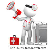Medic witth computer tower. Computer repair concept. Isolated Medic witth computer tower. Computer repair concept. Isolated