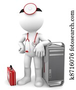 médico, con, computadora, tower., reparación de la computadora, concepto