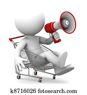 Person ith megaphone inside shopping cart