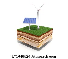 Concept of alternative energy 3d illustration of cross section of ground with grass isolated on white