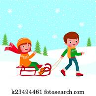 crianças, inverno, sledding