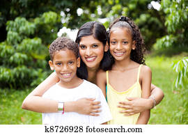 happy latin mother and kids outdoors