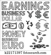 main, dessiner, finance, et, argent, griffonnage, croquis, business, icône, dollar, euro signe, papper, monnaie
