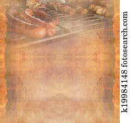 barbecue with delicious grilled meat ,Abstract vintage frame barbecue with delicious grilled meat ,Abstract vintage frame