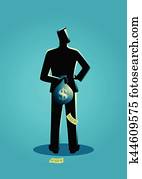 Man hiding a money bag behind his back