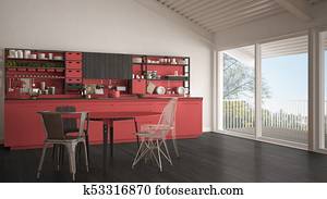 Semplice, tavola legno, e, sedie, in, cucina, con, sughero Semplice, tavola legno, e, sedie, in, cucina, con, sughero