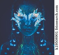 Portrait of beautiful woman with body art glowing in ultraviolet light Portrait of beautiful woman with body art glowing in ultraviolet light