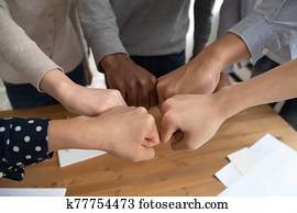 verschieden, schueler, berühren, fäuste, halten, gemeinsam, machen, kreis, als, symbol, von, versprechen