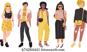 verschieden, women., macht, weiblich, gesellschaft, gekritzel, feministin, stärkung, begriff, verschieden, internationale, women., vektor, idee, frau, satz