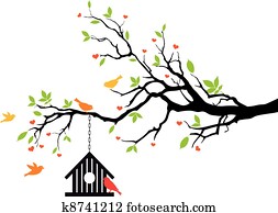 bird house on spring tree, vector bird house on spring tree, vector