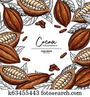 Cocoa frame. Vector superfood drawing template. Fruit, leaf and bean engraving. Organic healthy food Cocoa frame. Vector superfood drawing template. Fruit, leaf and bean engraving. Organic healthy food