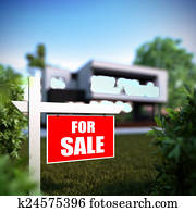 domov, for sale znacka, in front of, módny, house.