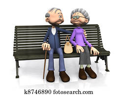 Elderly cartoon couple on bench.