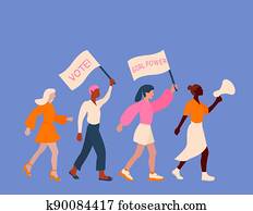 Horizontal poster with different skin color women with banner and megaphone. International womens day. 8th march. Vector illustration in flat style for greeting card, postcard, banner.