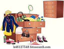 Unordentlich, unorganisiert, wandschrank, voll, von, hängende kleider