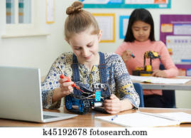 femininas, pupilas, em, ciência, lição, estudar, robótica