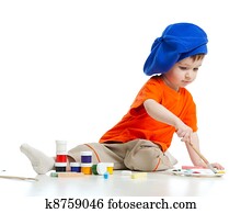 jung, künstler, kind, mit, farben, und, bürste jung, künstler, kind, mit, farben, und, bürste