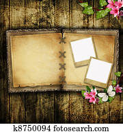 Open blank vintage book on wooden table