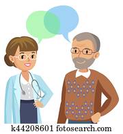 arts, en, senior, patient., mens het spreken, om te, physician., vector, illustration.