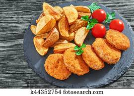 Close-up of juicy hot fried chicken cutlets