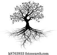 entero, vector, negro, árbol, con, raíces