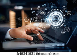 homem negócios, tocar, um, laptop, ligado, rede global, conexão, Omni, canal, e, comunicações, conceito