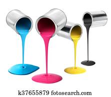 Metal tin cans pouring cmyk color paint Metal tin cans pouring cmyk color paint