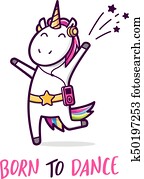 söt, dansande, unicorn., vektor, tecknad film, illustration