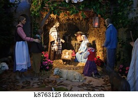 weihnachtsnativityszene, mit, 3 könige, präsentieren, geschenke, to, jesuskind, mary & joseph