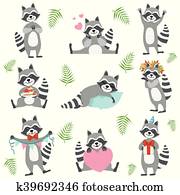 かわいい アライグマ 特徴 中に パーティー帽子 プレゼントを持つ クリップアート 切り張り イラスト 絵画 集 K Fotosearch