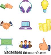 Business client support icon set, cartoon style