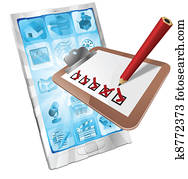 Online survey phone app clipboard concept Online survey phone app clipboard concept