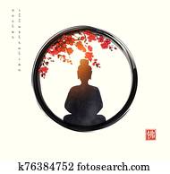 silhouette, von, meditieren, buddha, und, sakura, baum blüte, in, schwarz, enso, zen, circle., traditionelle, japanische, tinte, waschen, gem?lde, sumi-e., hieroglyphe, -, buddha silhouette, von, meditieren, buddha, und, sakura, baum blüte, in, schwarz, enso, zen, circle., traditionelle, japanische, tinte, waschen, gem?lde, sumi-e., hieroglyphe, -, buddha