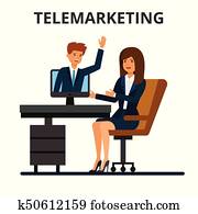 telemarketing, en línea, ventas, conferencia negocio, vídeo, calling., internet, comunicación, technology., hombre de negocios, y, mujer de negocios, tela, chatting., plano, vector, ilustración, aislado, blanco, fondo.