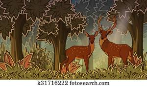 Two deers in forest cartoon style