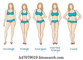 corpo feminino, figuras, mulher, formas, cinco, tipos