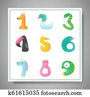 Cute animal numbers from 1 to 9 hand drawn vector illustration for nursery poster, baby invitation card, stickers, flyer, greetings, wall art