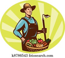 landwirt, mit, kleingarten, hacke, und, korb, nutzpflanze, ernte landwirt, mit, kleingarten, hacke, und, korb, nutzpflanze, ernte