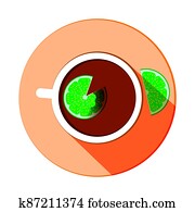 stylized tea cup vector icon with lemon slices with long shadow, top view stylized tea cup vector icon with lemon slices with long shadow, top view