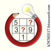 Sudoku Puzzle grid and creative Pencil with bulb. Sudoku Puzzle grid and creative Pencil with bulb.