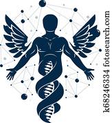 vector, grafisch, illustratie, van, sterke, mannelijke, depicted, als, dna, kusten, voortzetting, en, gecreëerde, met, wireframe, aansluitingen, en, vogel, wings., biomedical, techniek, concept.