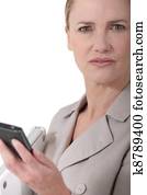 weibliche exekutive, mit, cellphone