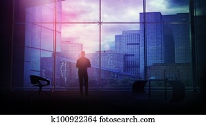 Businessman in a dark office against the backdrop of city buildings, 3D render.