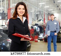 mulher, gerente, em, auto repare, service.