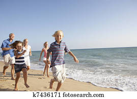 retrato, de, tres familia generación, en, día feriado de playa