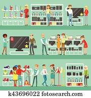 Smiling People In Electronic Store Shopping For Domestic Equipment Choosing With Shop Assistant Help Set Of Cartoon Characters