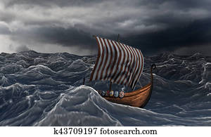 Viking ship on the dramatic wavy sea in the storm. Viking ship on the dramatic wavy sea in the storm.
